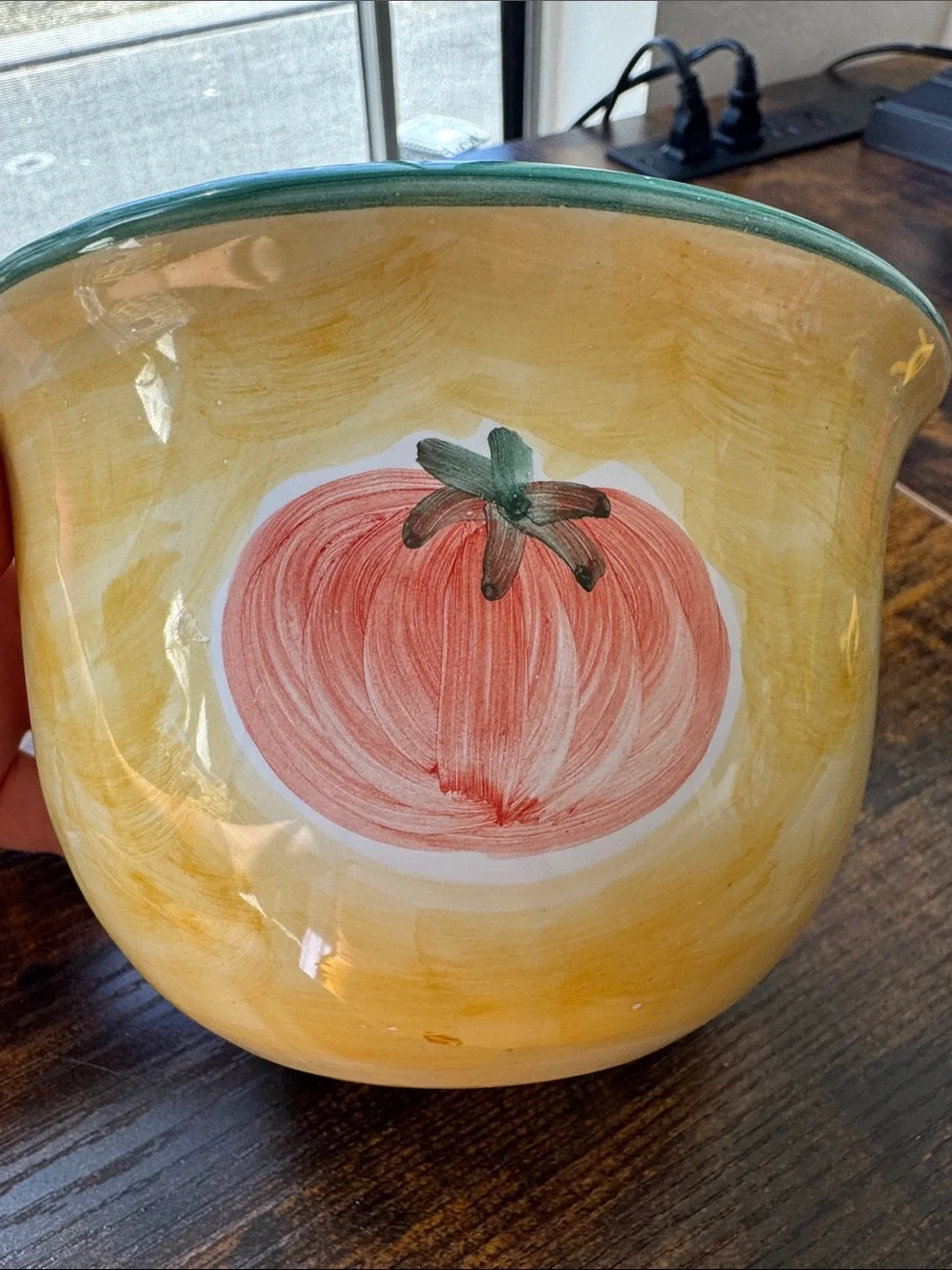 Pottery Barn Yellow and White Ceramic Bowl with Green Trim(one),Made in Italy